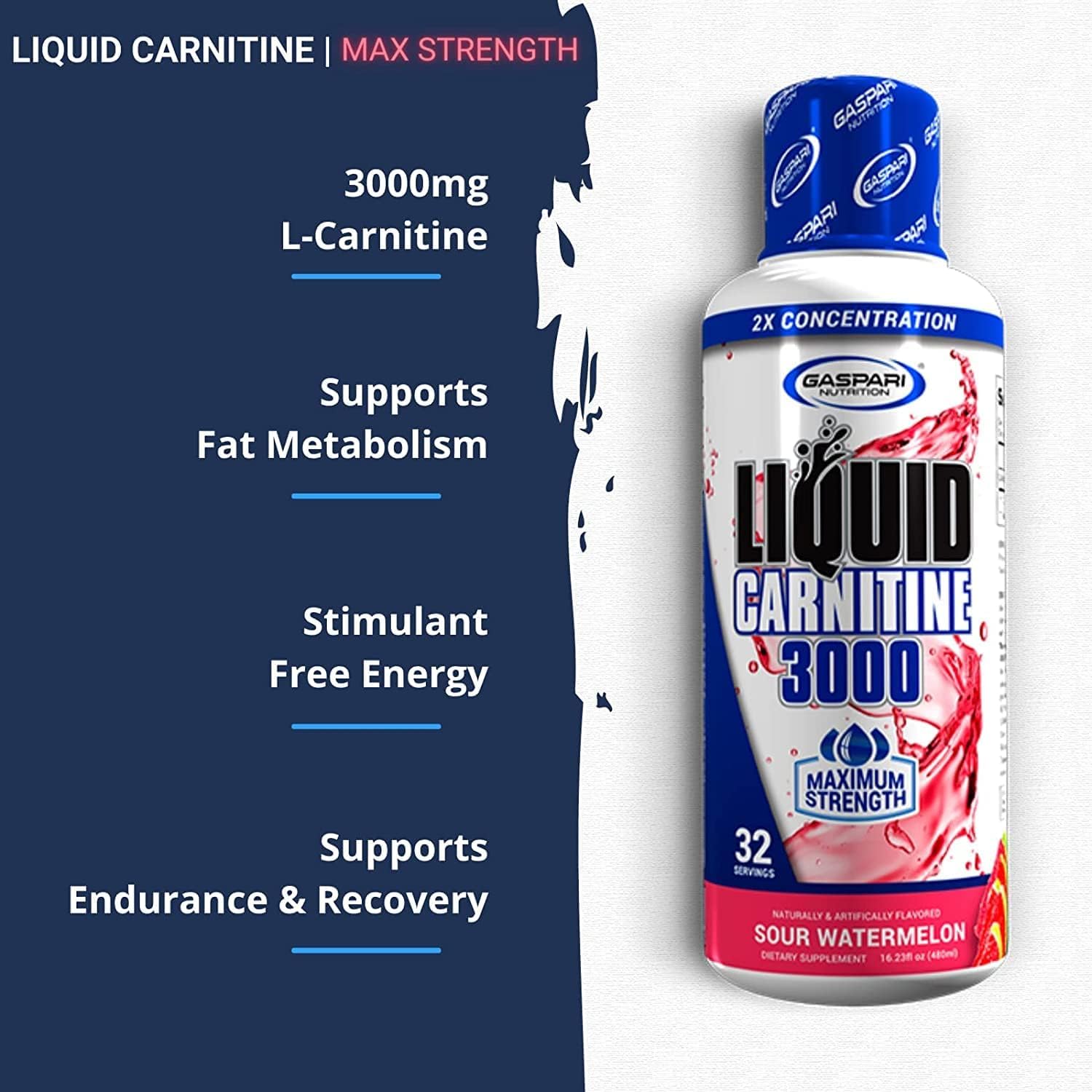 Gaspari Nutrition Liquid L-Carnitine 3000 bottle-side view reinforces non-GMO and gluten-free claims