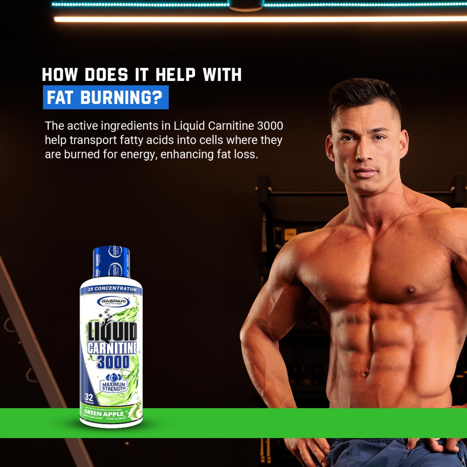 Gaspari Nutrition Liquid L-Carnitine 3000 bottle-side view reinforces non-GMO and gluten-free claims