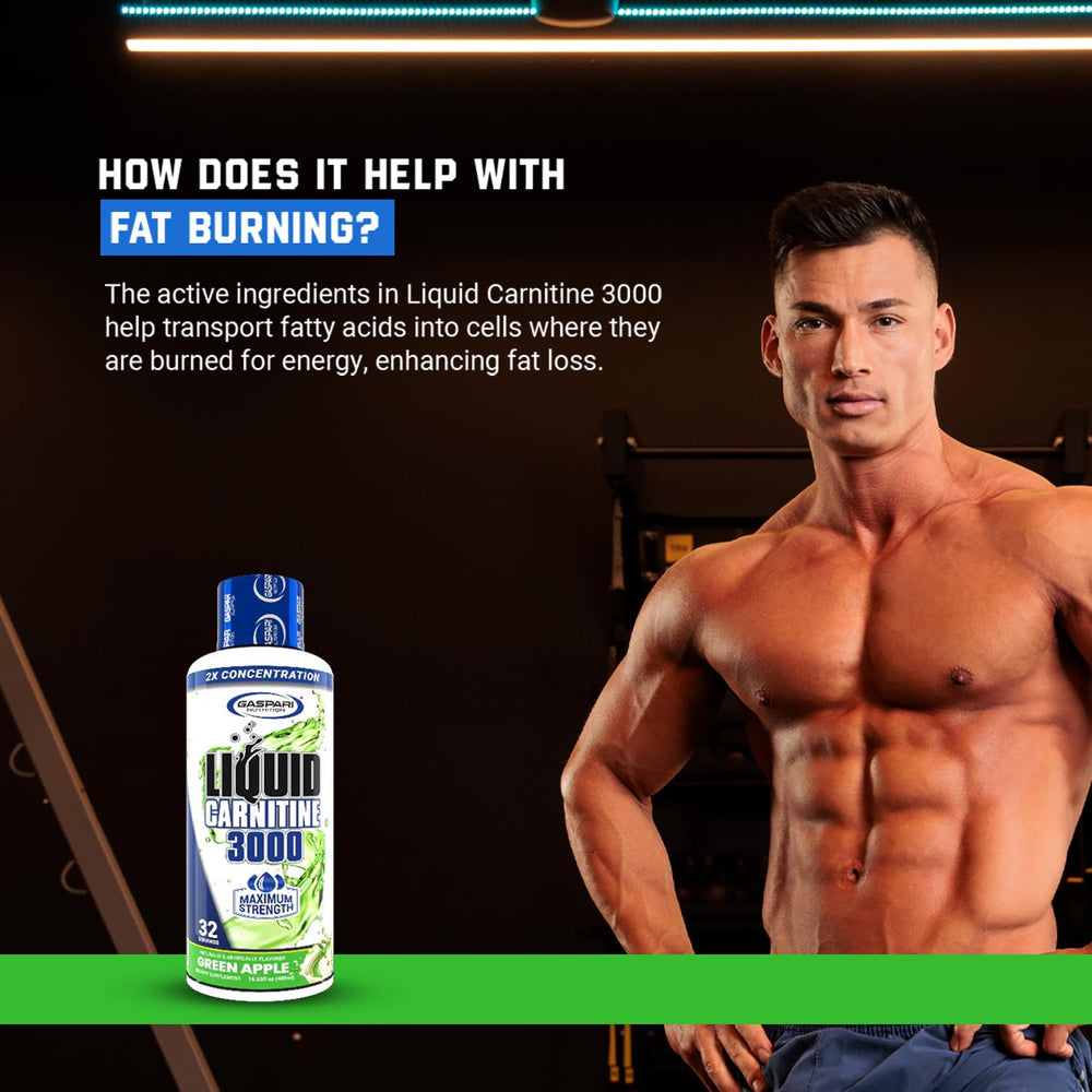 Gaspari Nutrition Liquid L-Carnitine 3000 bottle-side view reinforces non-GMO and gluten-free claims