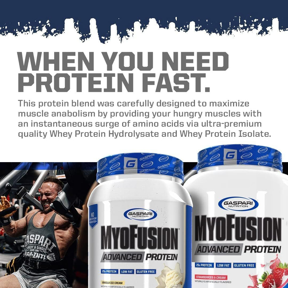 Gaspari Myofusion ingredients closeup showing whey, casein, and isolates for balanced nutrition