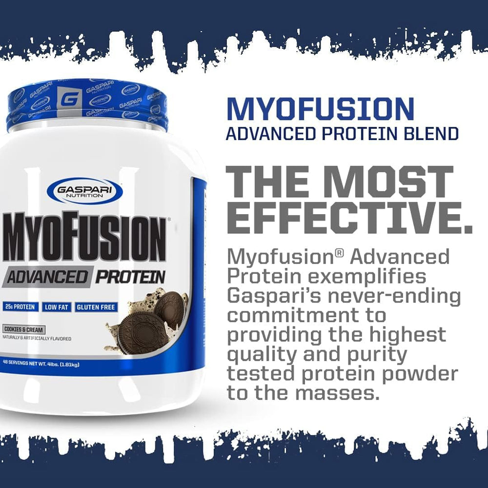 Gaspari Myofusion Advanced Protein tub label emphasizing blend and protein matrix ingredients