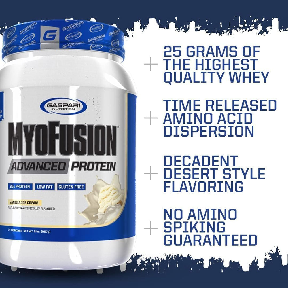Gaspari Myofusion Advanced Protein tub label emphasizing blend and protein matrix ingredients