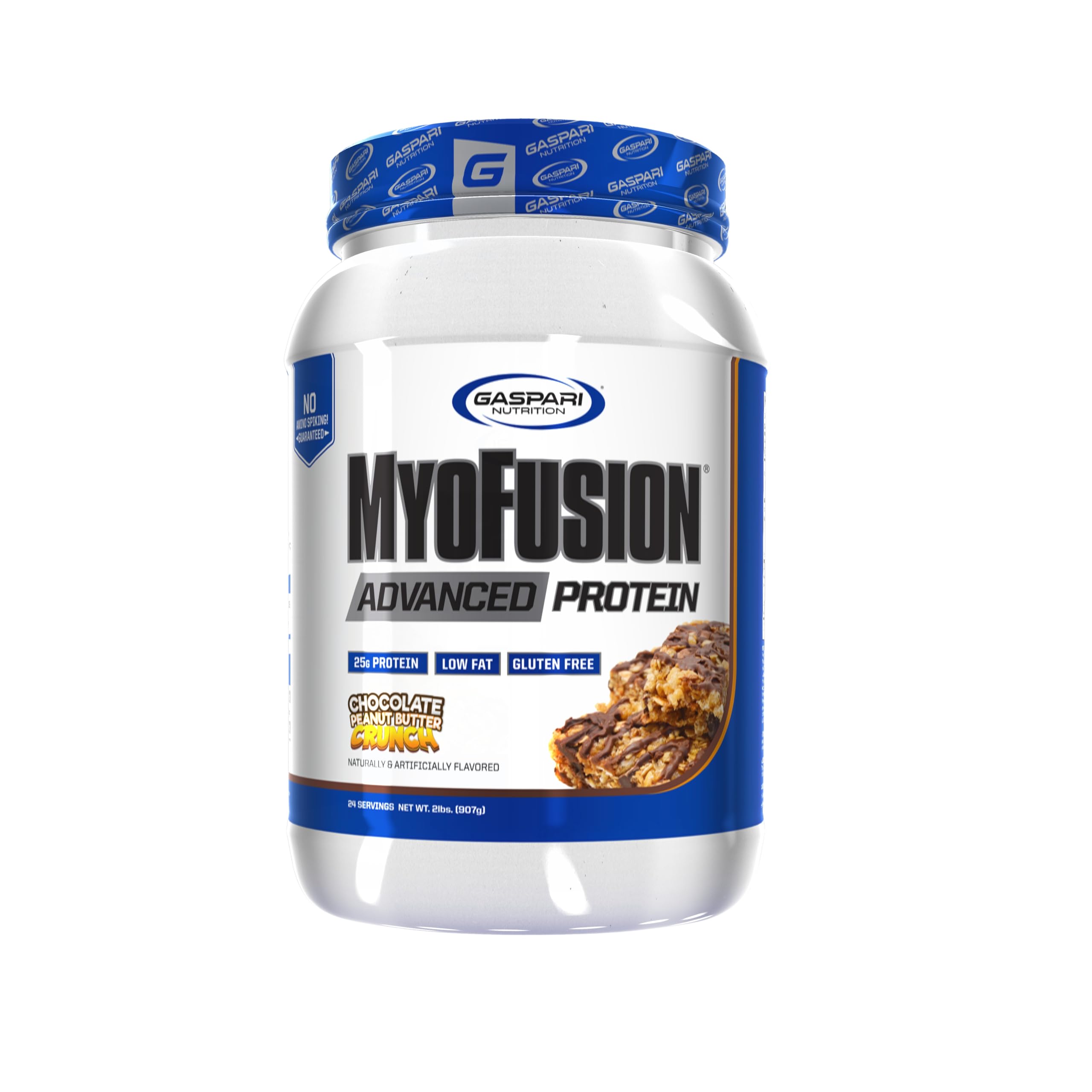 Gaspari Myofusion Advanced Protein tub opened in chocolate peanut butter crunch for post-workout fueling