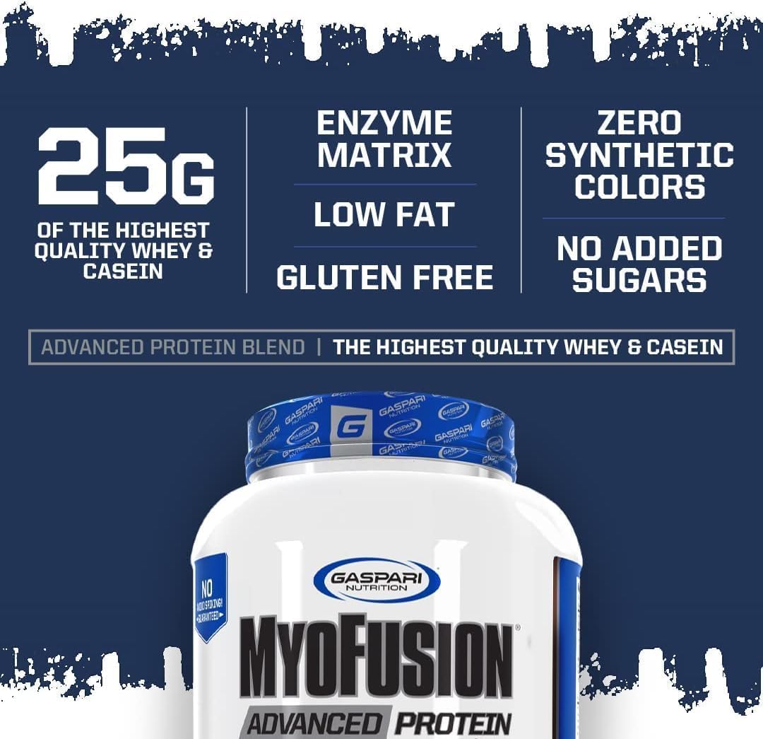 Gaspari Myofusion tub side-view conveying premium packaging and transparency