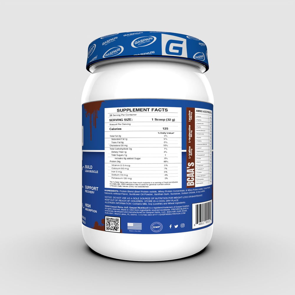 Gaspari Nutrition Proven Blend being poured, highlighting quick-absorbing protein for faster recovery.