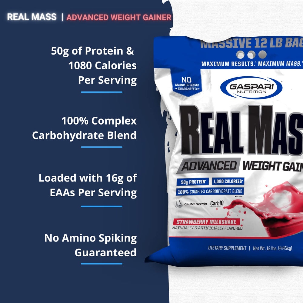 Gaspari Real Mass bottle back with nutrition highlights and gluten-free claim.