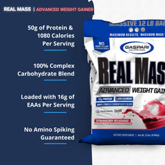 Gaspari Real Mass bottle back with nutrition highlights and gluten-free claim.
