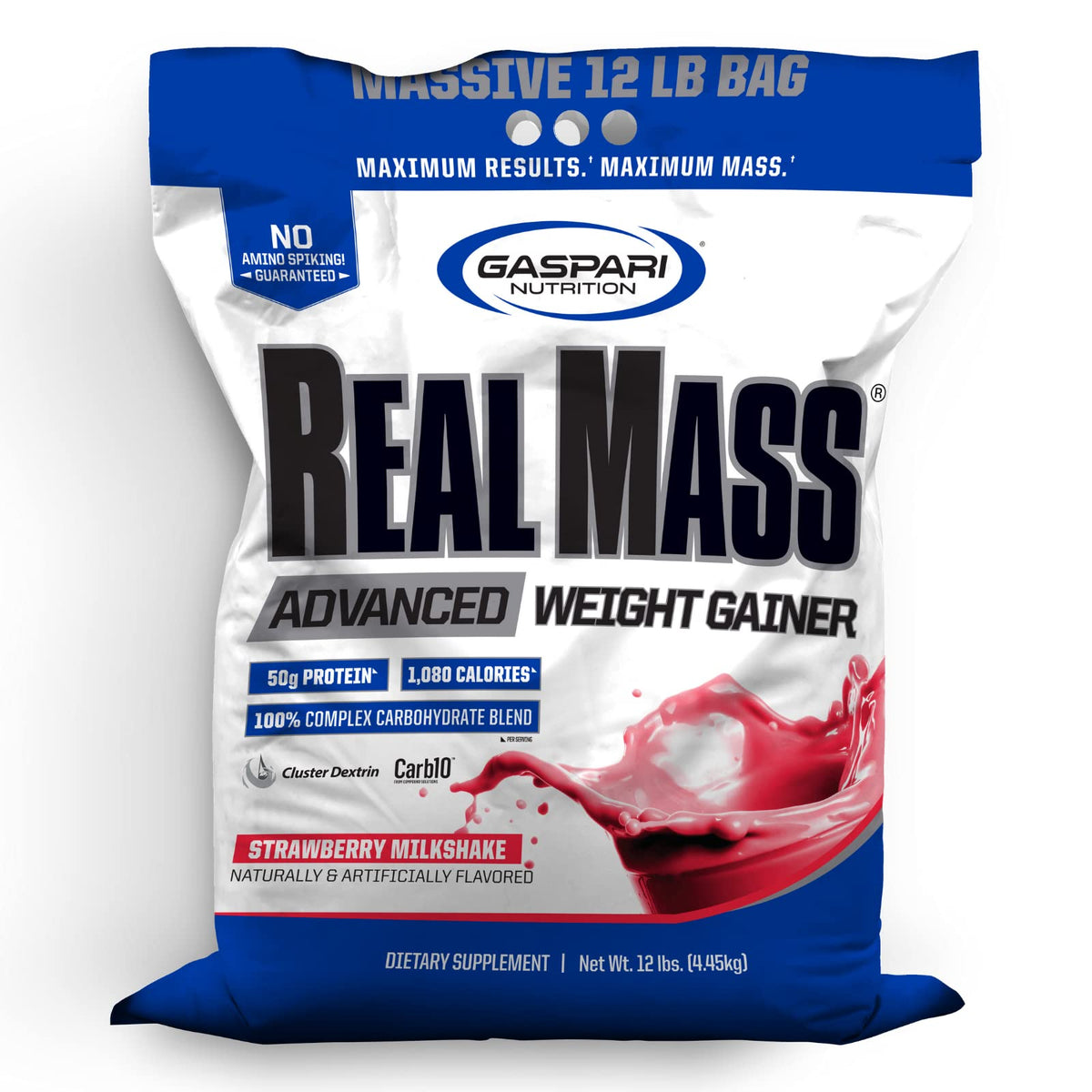 Gaspari Real Mass bottle front showing packaging and Strawberry Milkshake flavor.