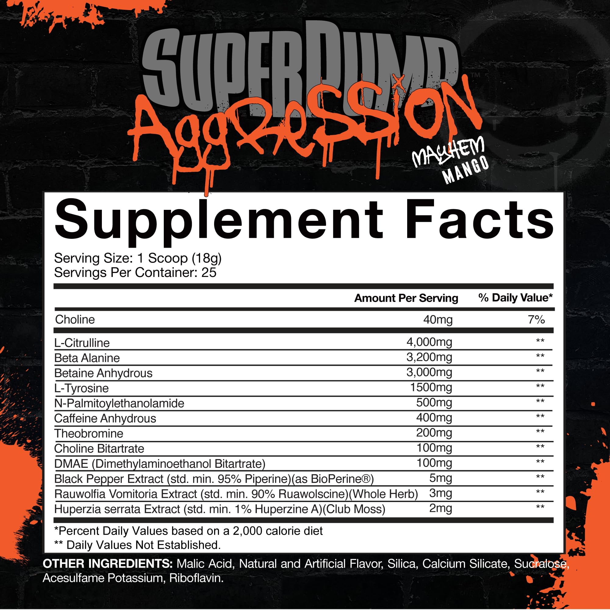 Gaspari Nutrition SuperPump Aggression Mayhem Mango bottle displaying modern pre-workout packaging.