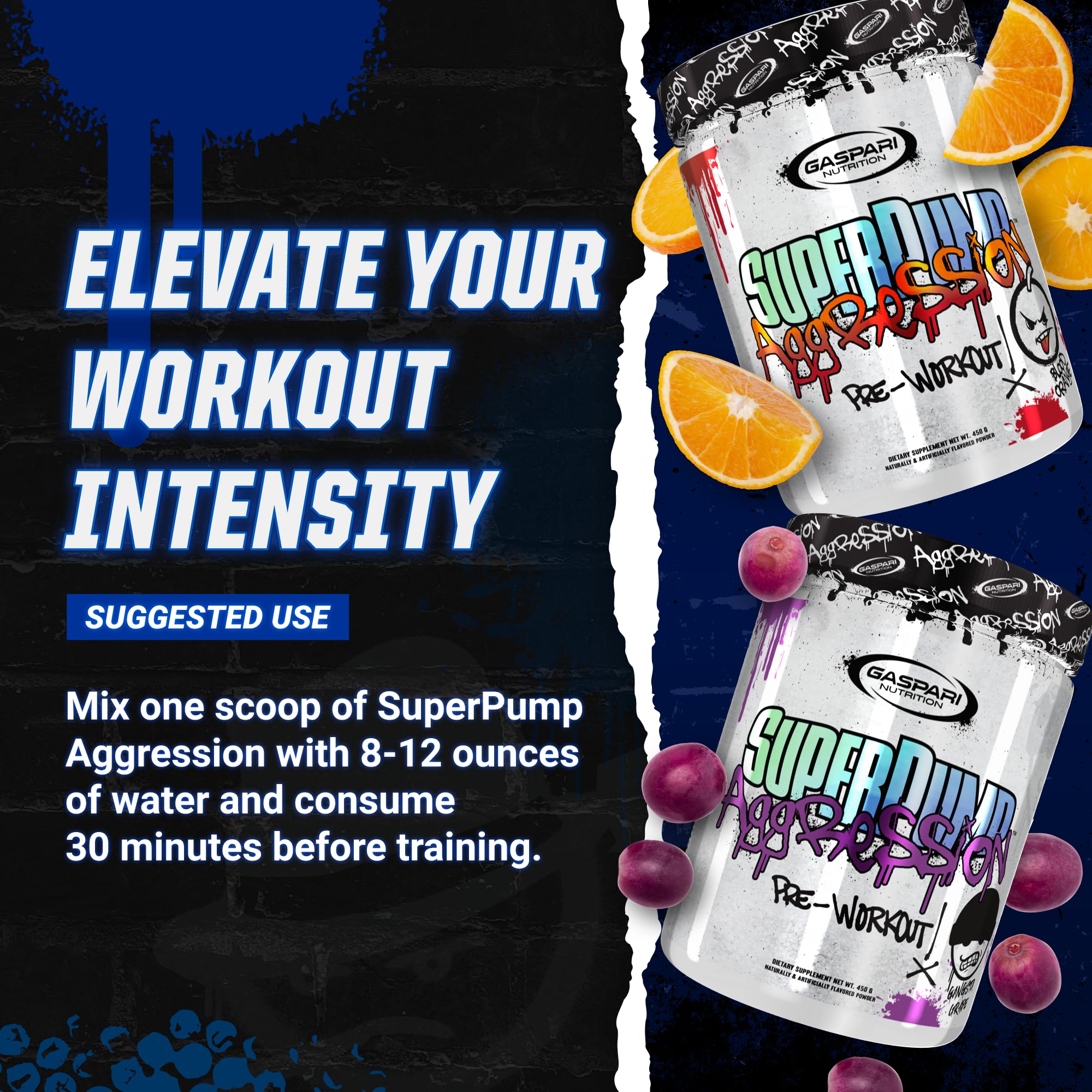 Gaspari Nutrition SuperPump Aggression Mayhem Mango ingredients panel featuring caffeine and creatine.