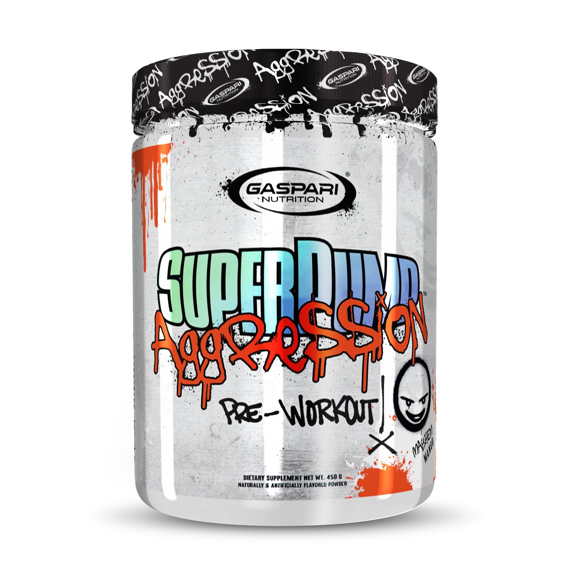 Gaspari Nutrition SuperPump Aggression Mayhem Mango label highlighting energy and focus potential.