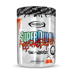 Gaspari Nutrition SuperPump Aggression Mayhem Mango label highlighting energy and focus potential.