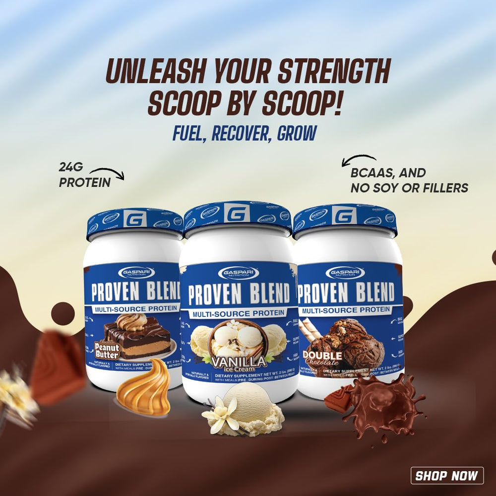 Gaspari Nutrition Proven Blend beef protein jar demonstrates clean, high-quality protein for meals.