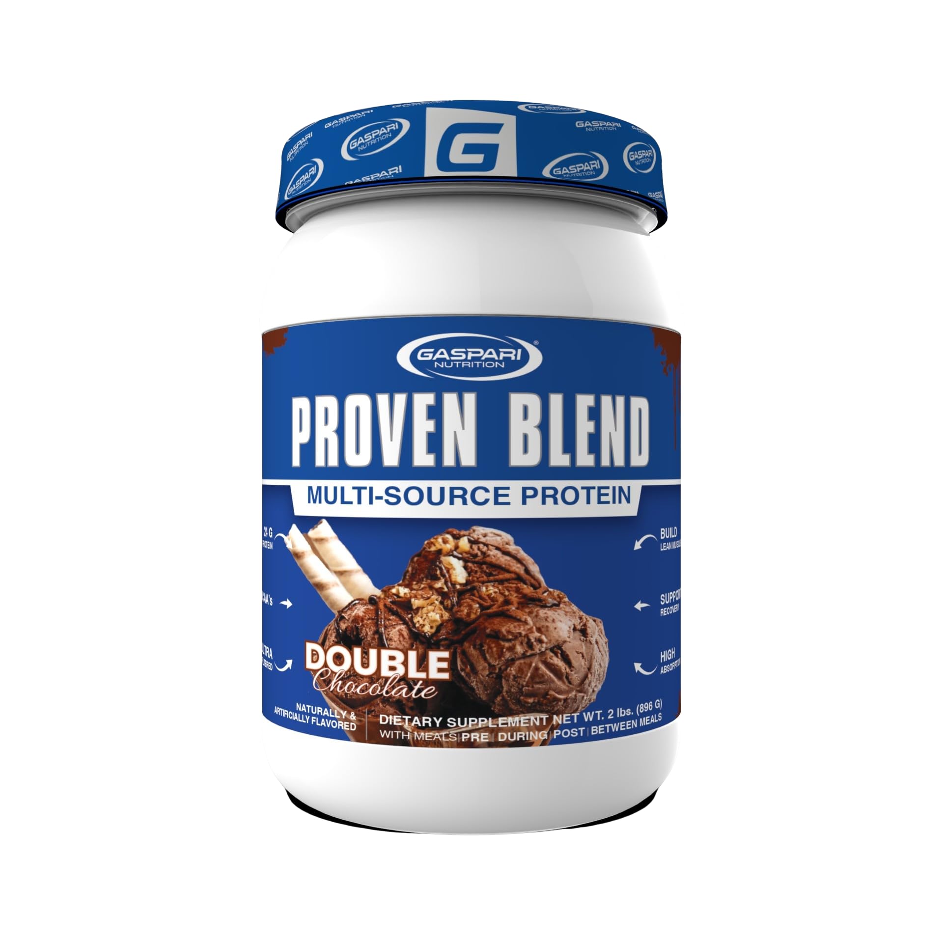 Gaspari Proven Blend double chocolate protein powder front bottle