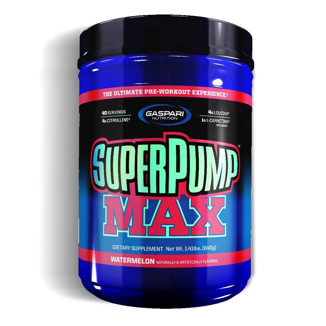 Gaspari SuperPump MAX watermelon tub label highlights a potent pre-workout for energized training