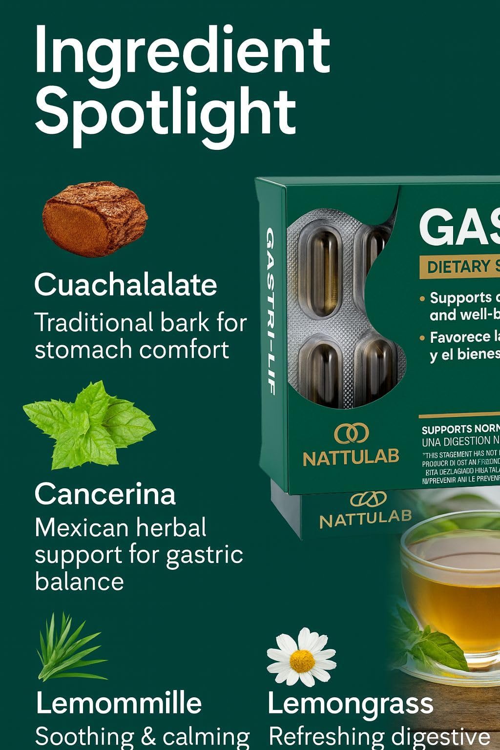 Chamomile and lemongrass among other botanicals in GASTRI-LIF