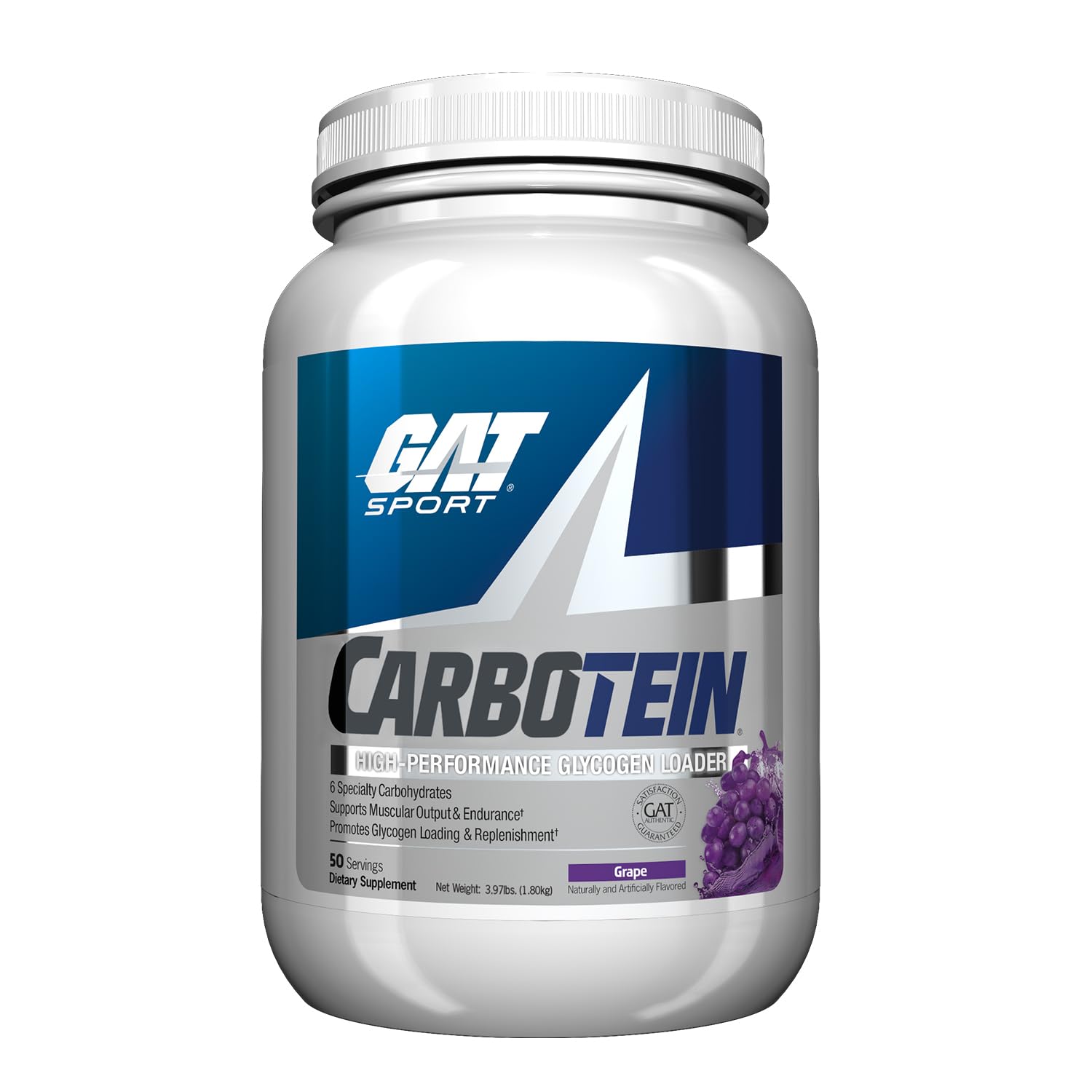 Front view of GAT SPORT Carbotein canister in grape flavor, 50 servings