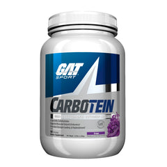 Front view of GAT SPORT Carbotein canister in grape flavor, 50 servings