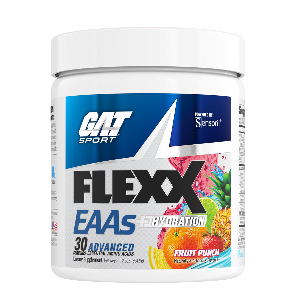 GAT SPORT Flexx EAAs + Hydration fruit punch tub highlights hydration-supporting amino acids.