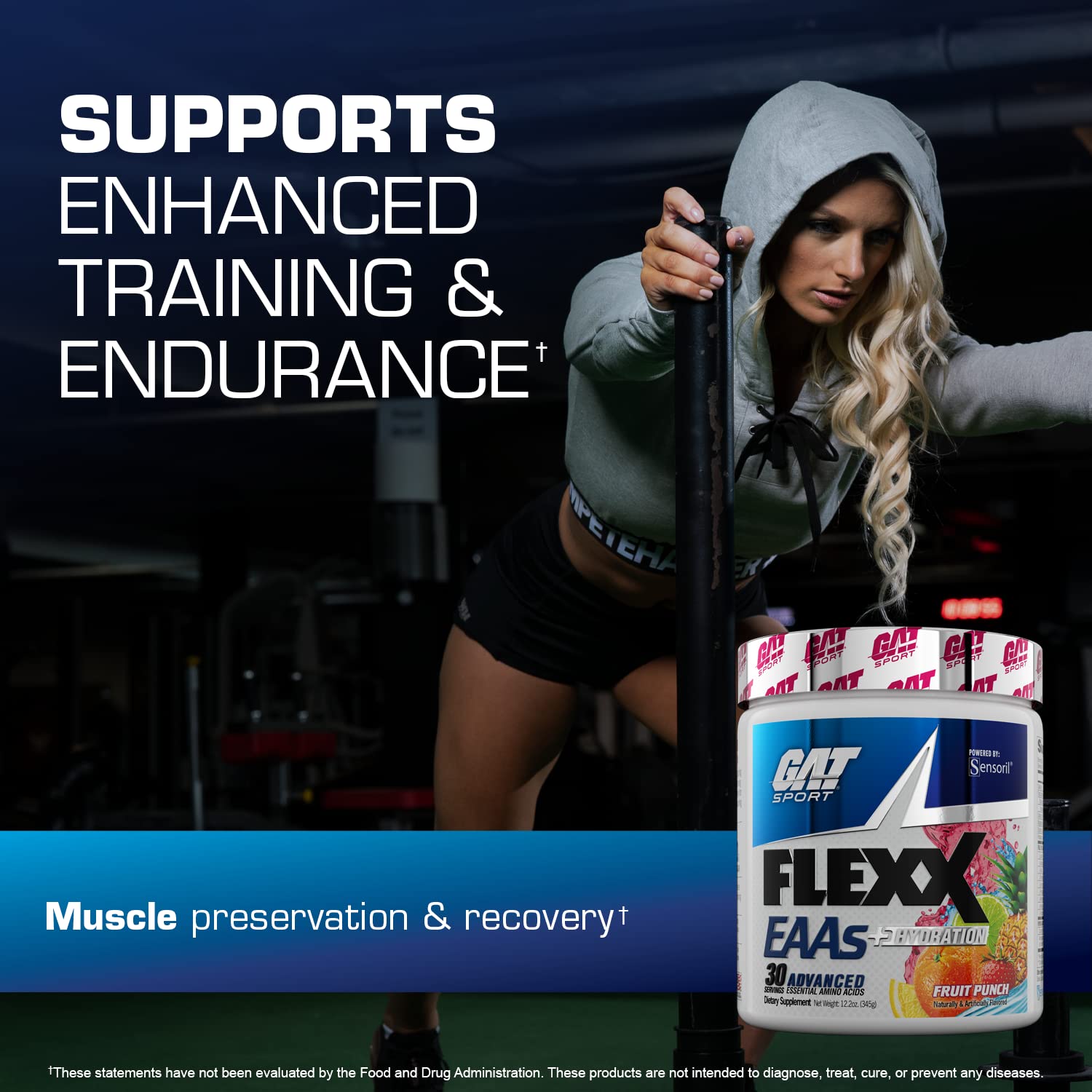 GAT SPORT Flexx EAAs + Hydration powder closeup emphasizes essential amino acids and flavor.