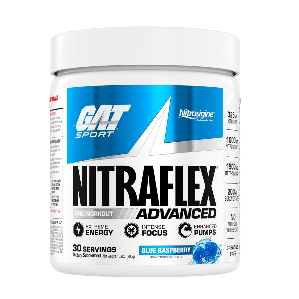 GAT SPORT Nitraflex Blue Raspberry pre-workout powder tub - front view