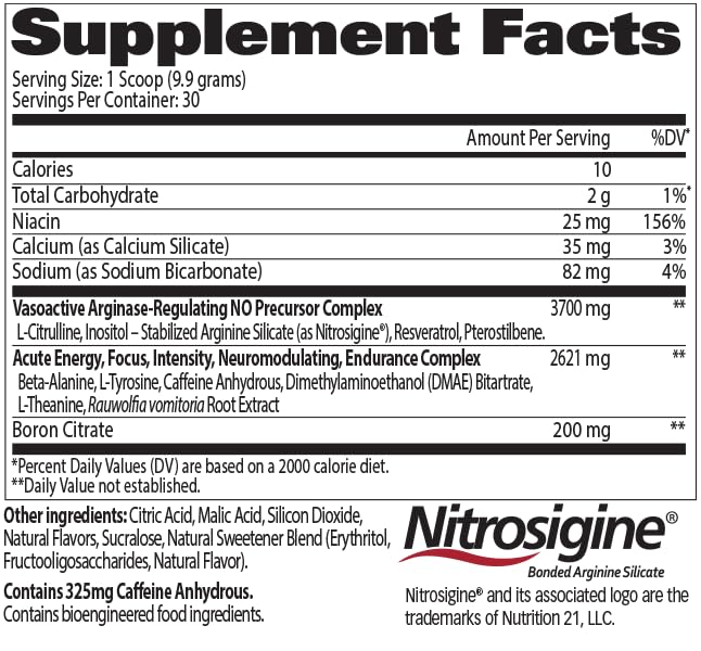 Nitrosigine and Arginine notes on Nitraflex label close-up