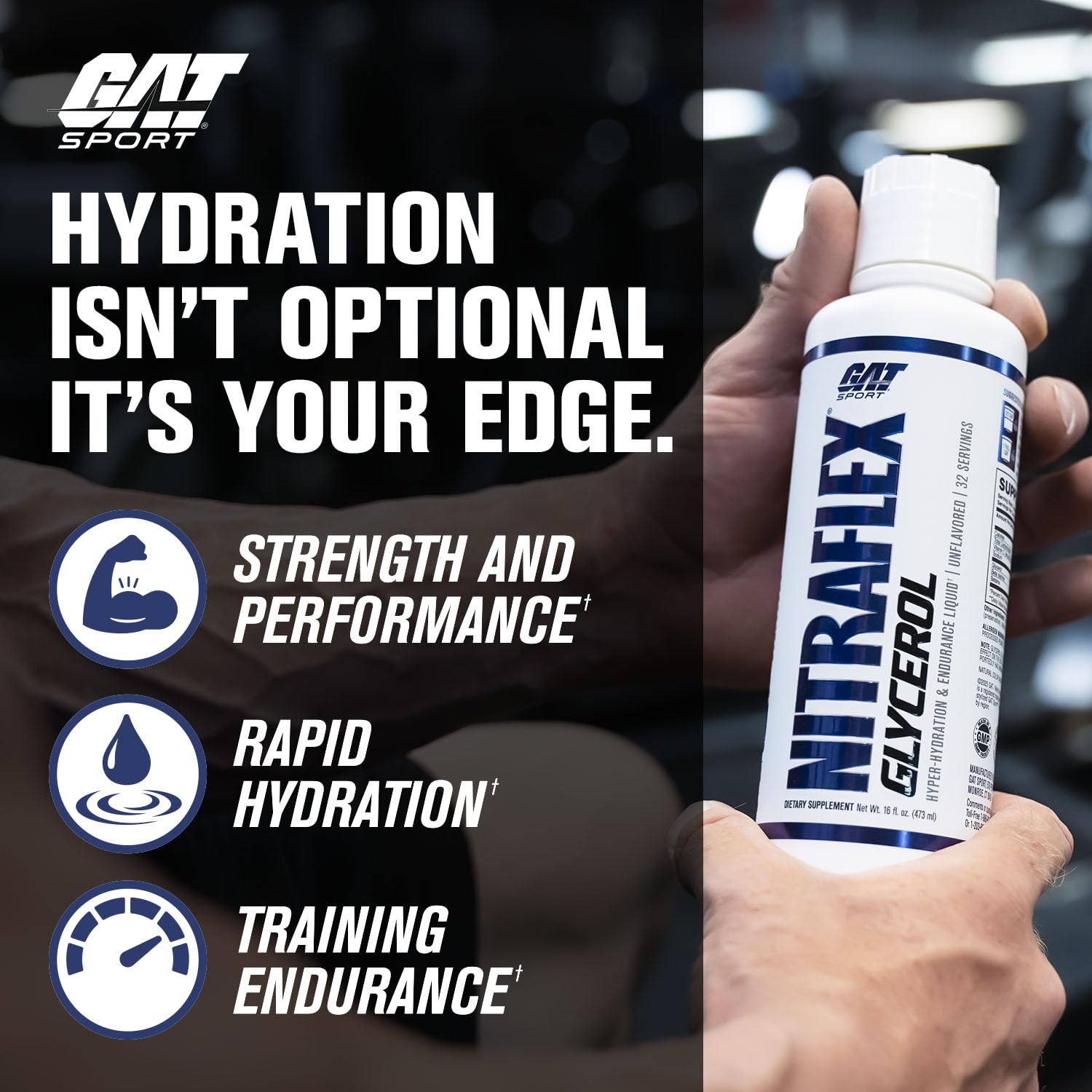 GAT SPORT Nitraflex bottle pour shows easy mixing for caffeine-free hydration during training.