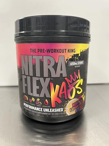 GAT SPORT Nitraflex KAOS Berry Lemonade scoop beside powder for precise dosing