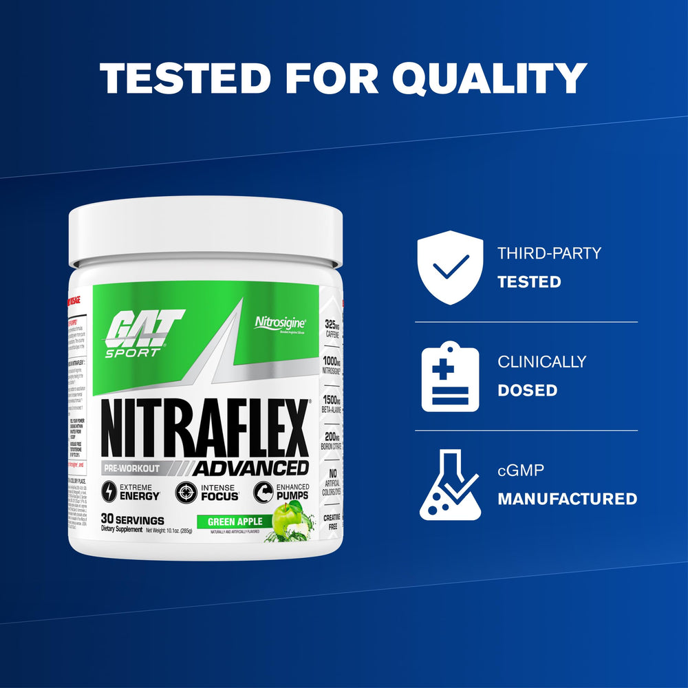 GAT SPORT Nitraflex pump-visual suggests enhanced blood flow during workouts.