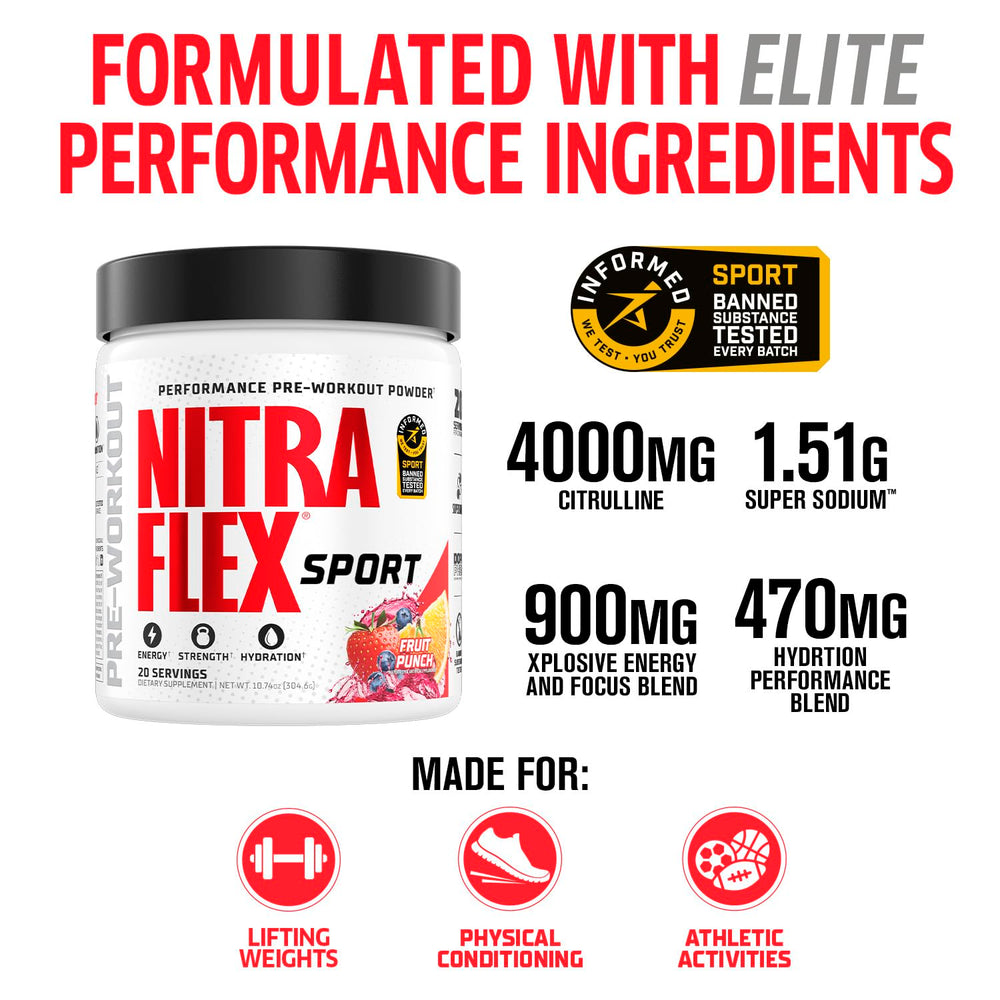 GAT SPORT Nitraflex Sport fruit punch scoop shows convenient serving for training.