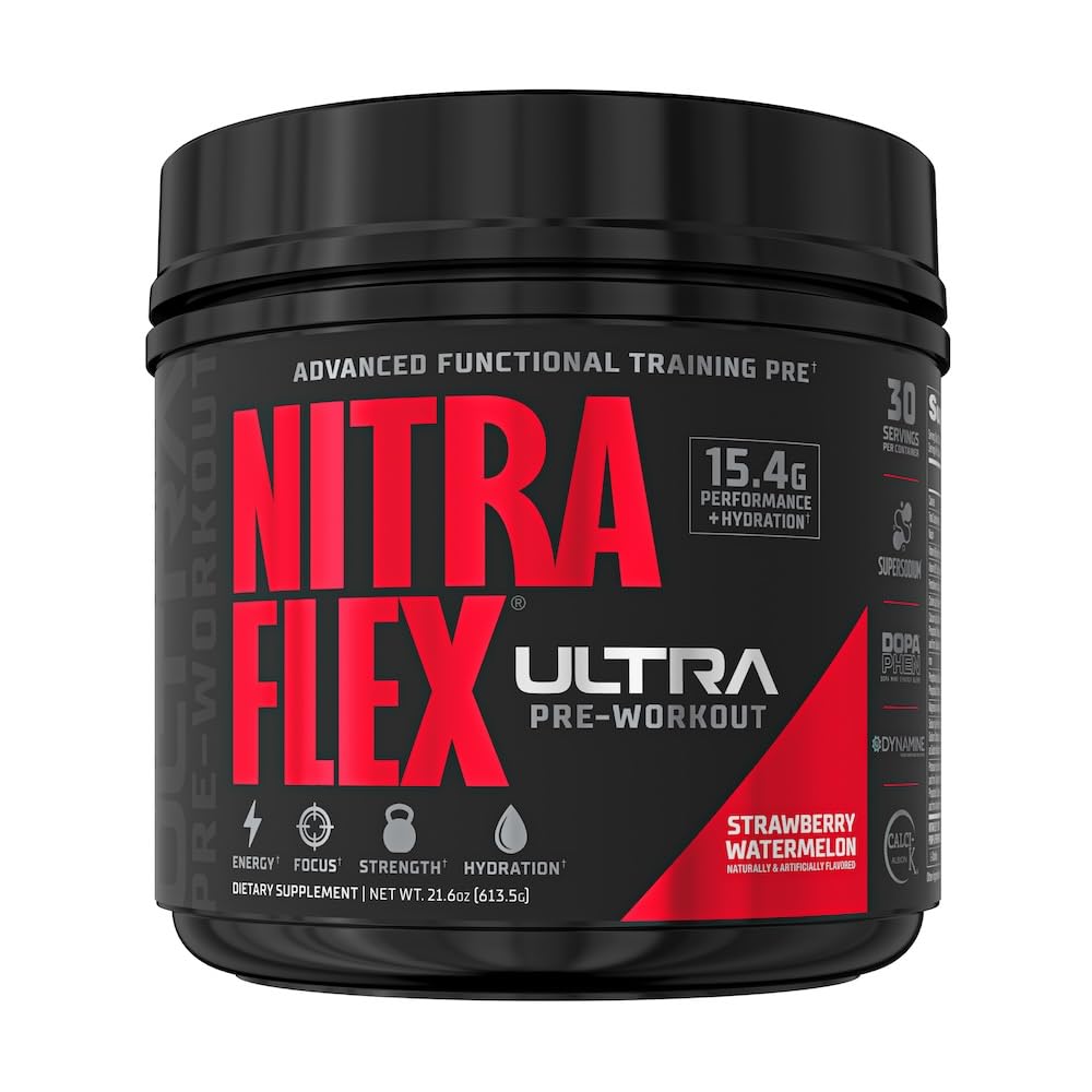 GAT SPORT Nitraflex Ultra bottle with Strawberry Watermelon flavor for sustained energy during workouts.