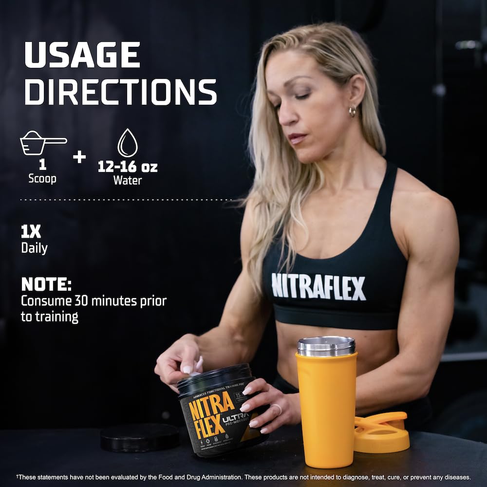 Athlete graphic illustrates enhanced pumps and vascularity from Nitraflex Ultra during training.