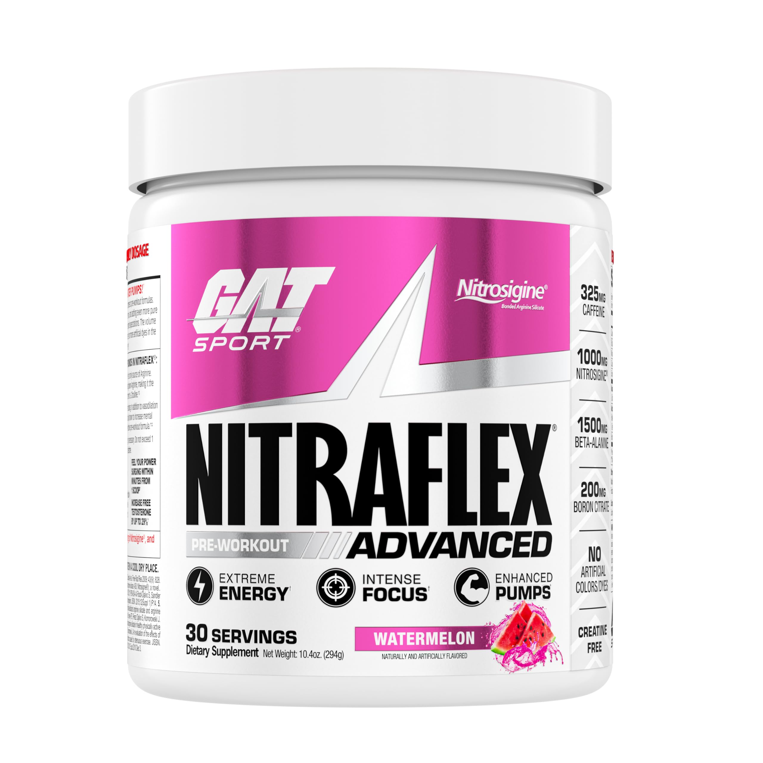 GAT SPORT Nitraflex Watermelon flavor front label, 30 servings