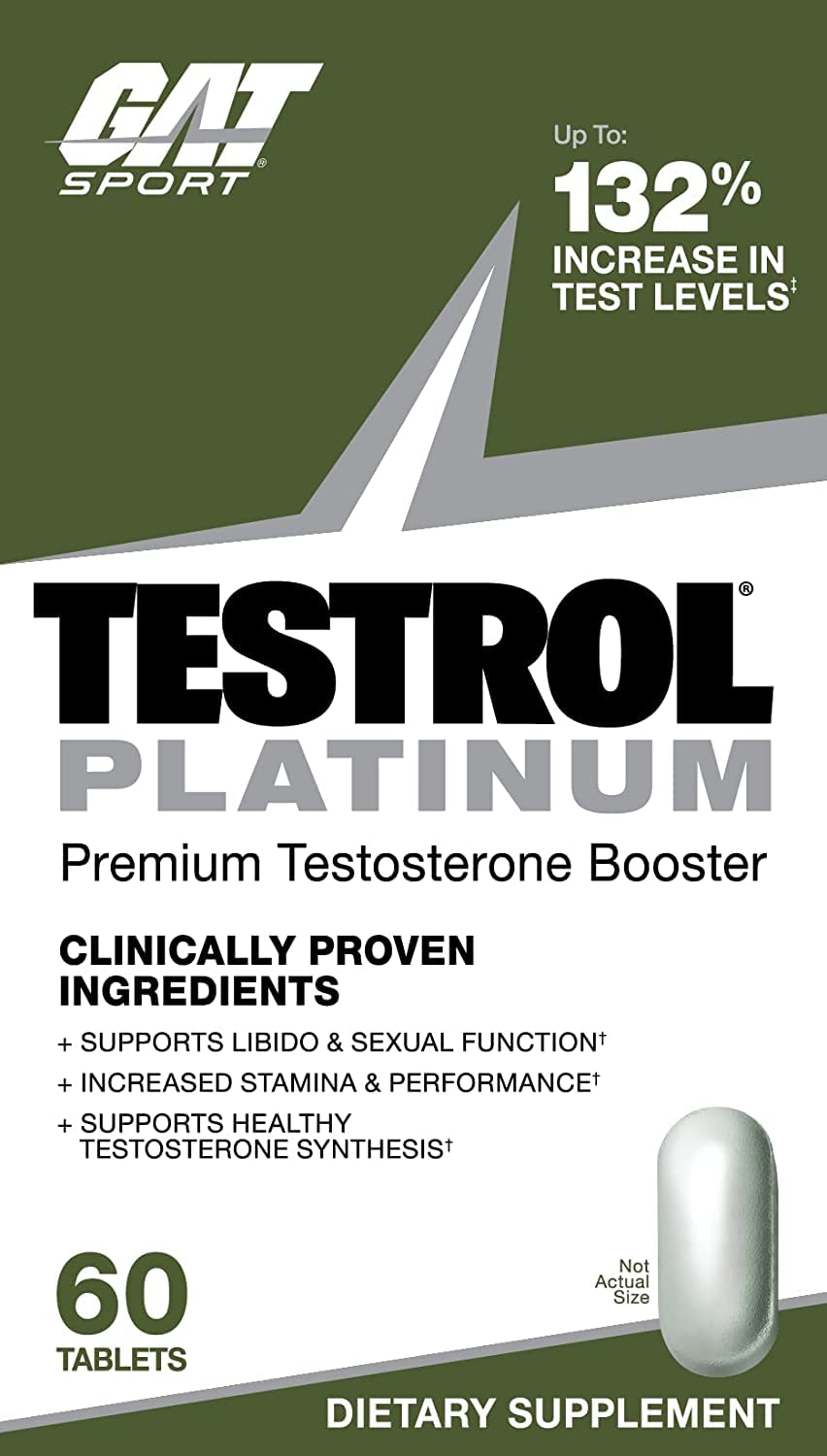 GAT SPORT Testrol Platinum bottle showing testosterone support and muscle recovery potential
