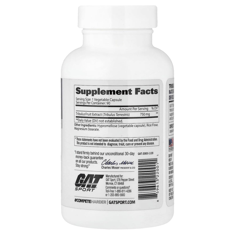 GAT Tribulus Capsules bottle label close-up, 90 count