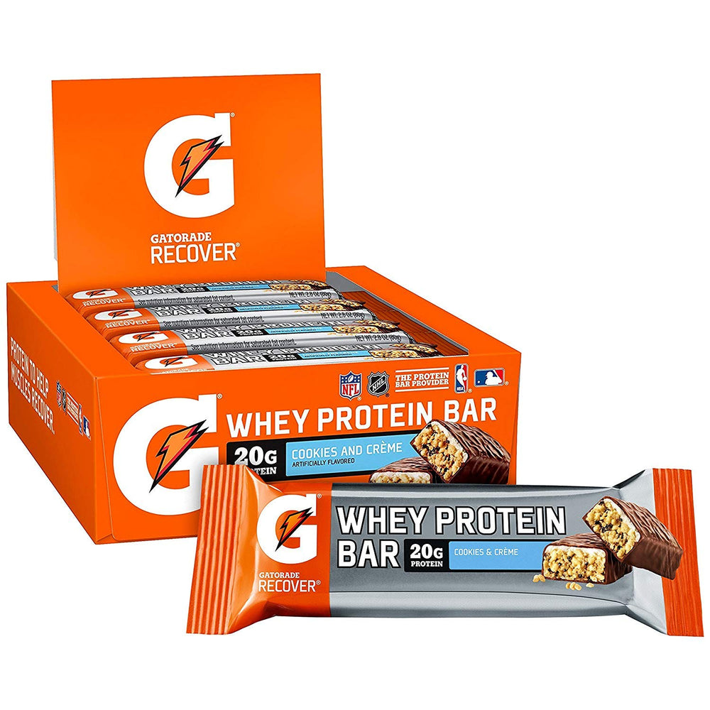 Gatorade Whey Protein Recover Bars Cookies & Creme front bar shot emphasizes post-workout rebuild