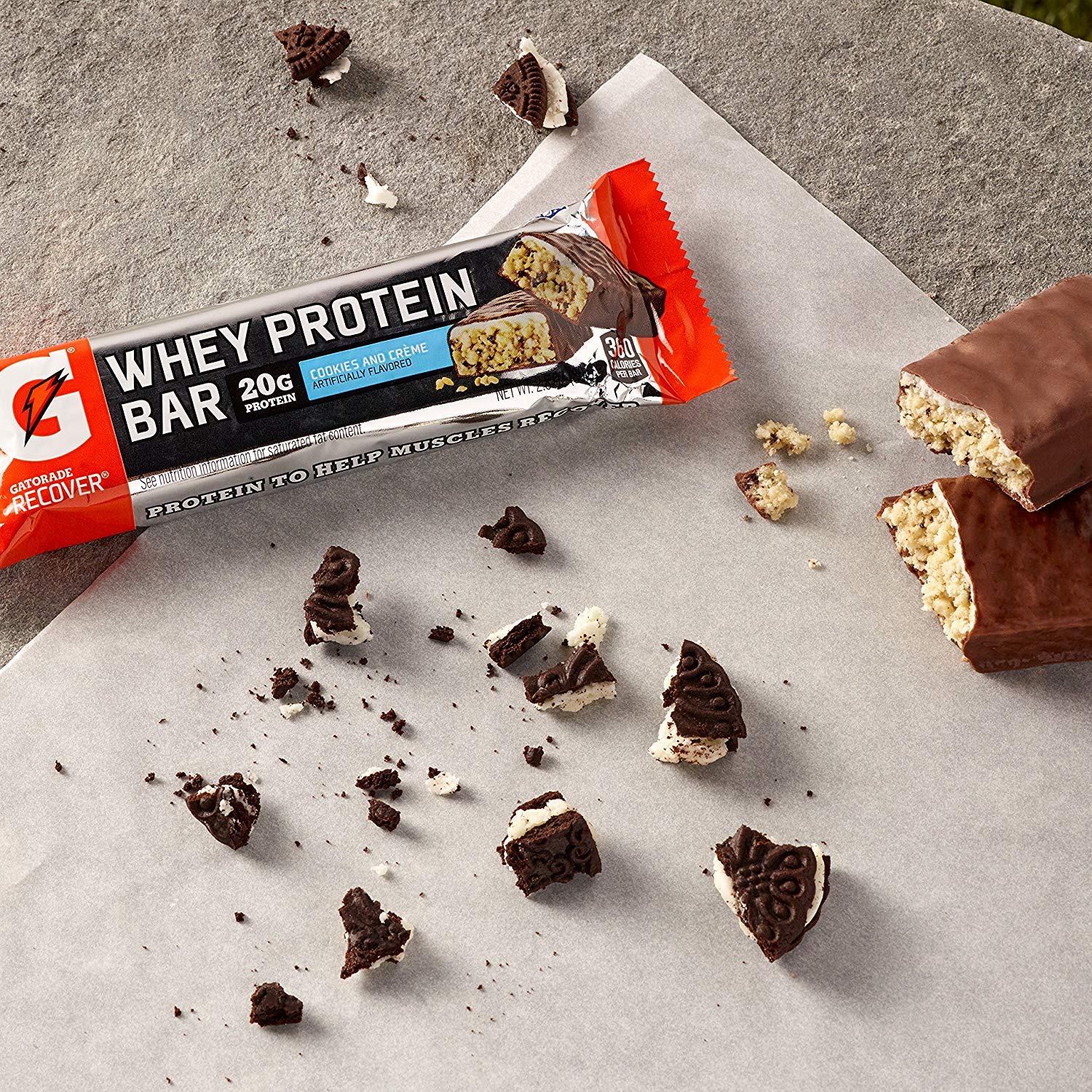 Gatorade Whey Protein Recover Bars box display shows twelve cookies & creme bars