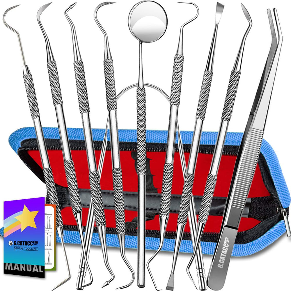 Close-up of at-home dental cleaning tools in use