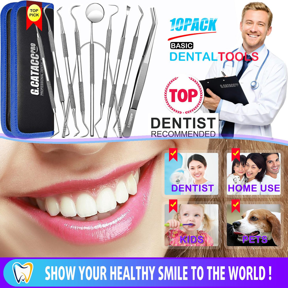 Stainless steel dental tools including mirror, tweezers and tongue cleaner