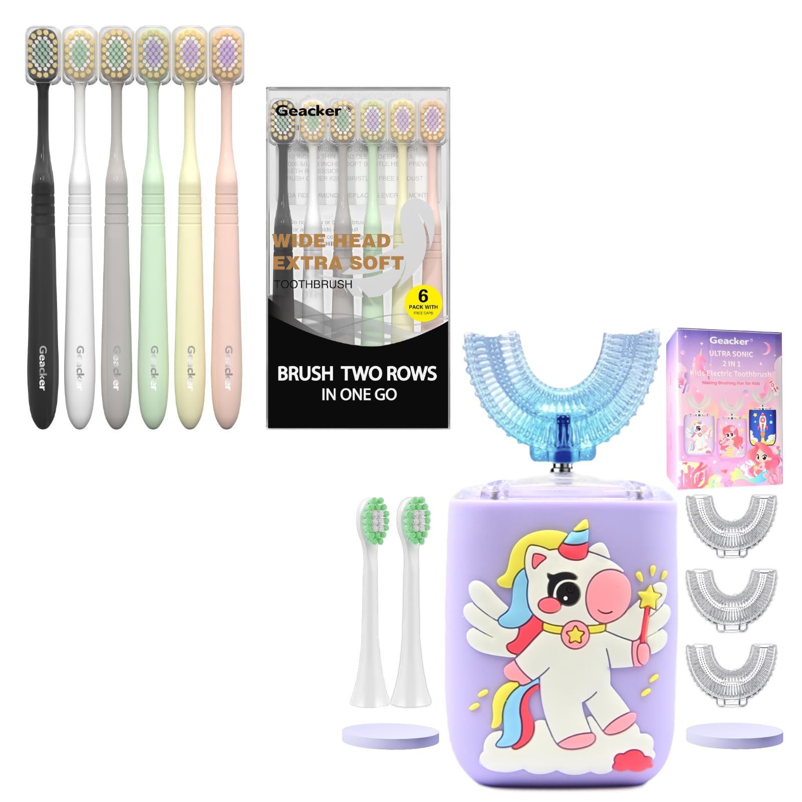 Geacker extra soft wide head toothbrush with unicorn design – front view