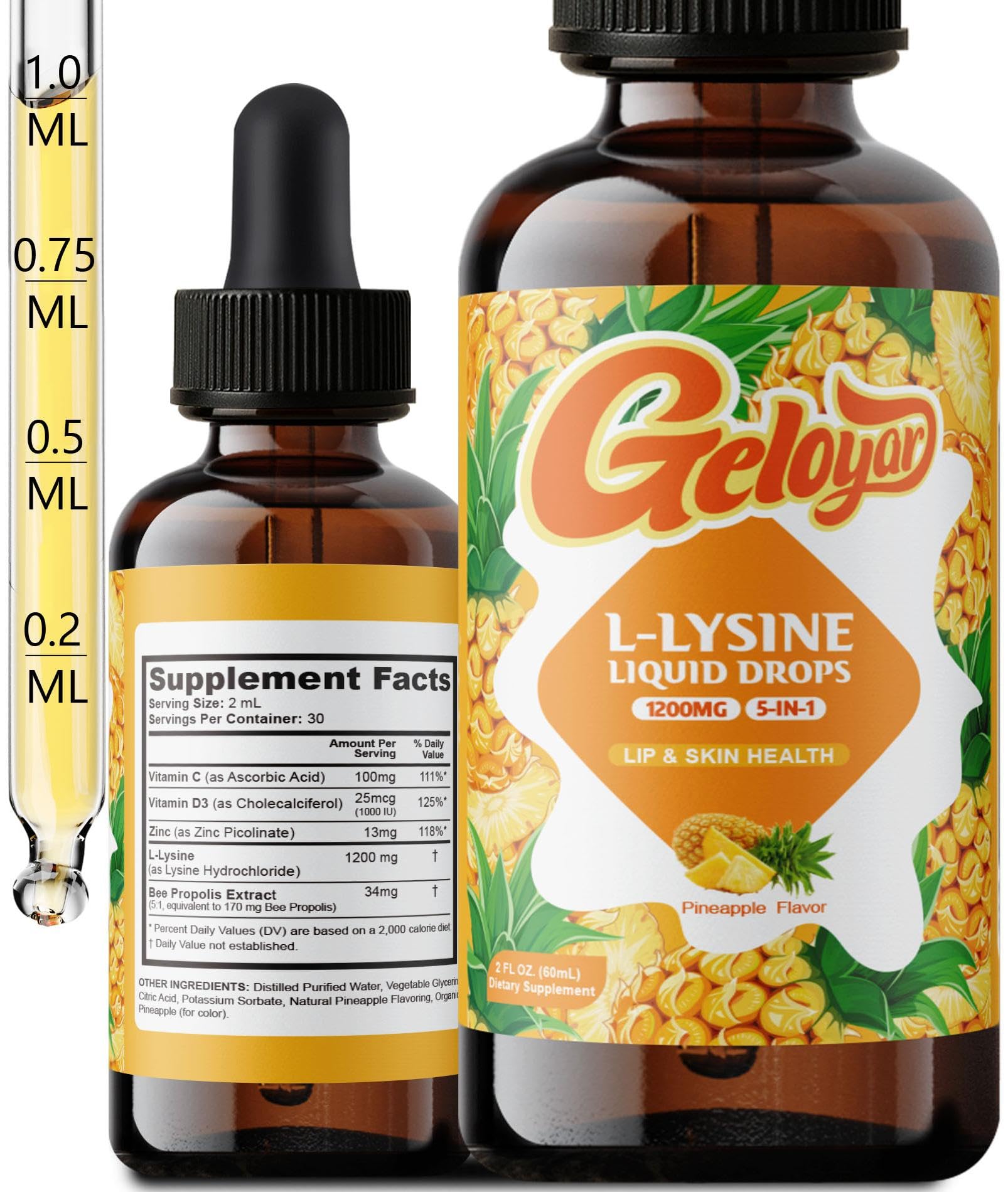 Geloyar L-Lysine Liquid Drops bottle and packaging (1200mg)