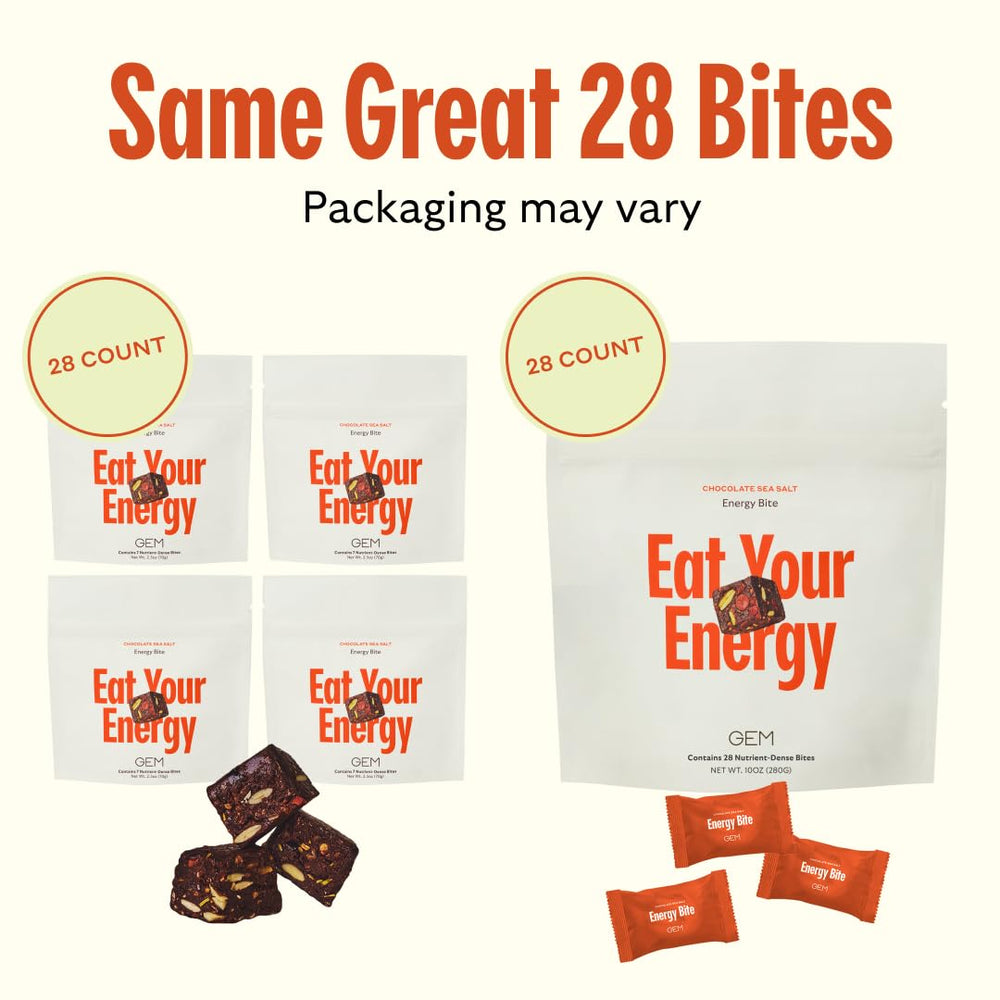 GEM Energy Bite cross-section reveals glossy chocolate with sea salt crunch.