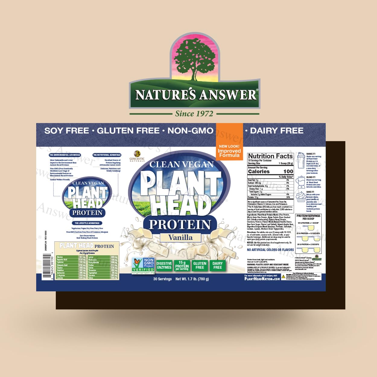 Back label of Genceutic Naturals Plant Head Protein Powder Vanilla 1.7 lb