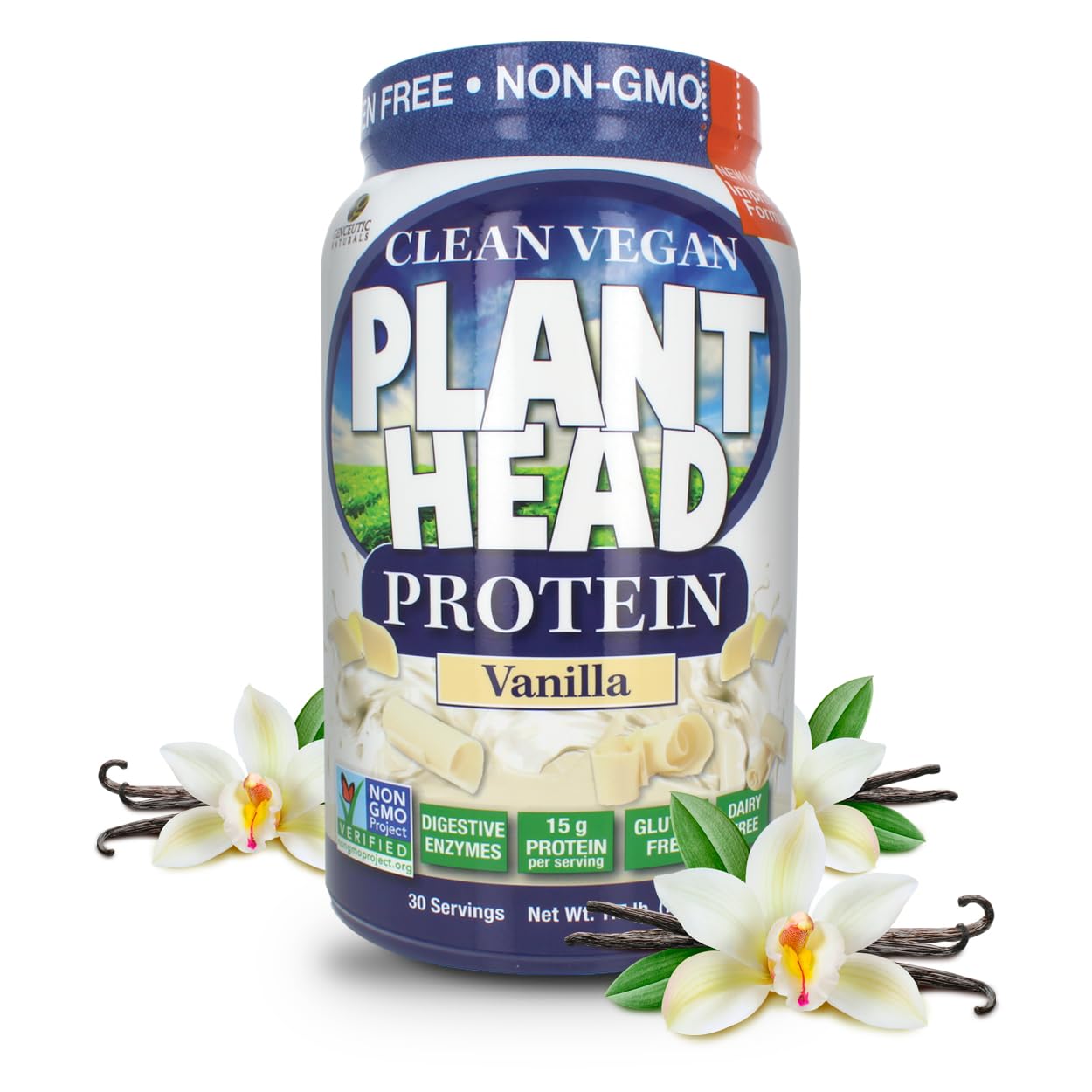 Front view of Genceutic Naturals Plant Head Protein Powder Vanilla 1.7 lb tub