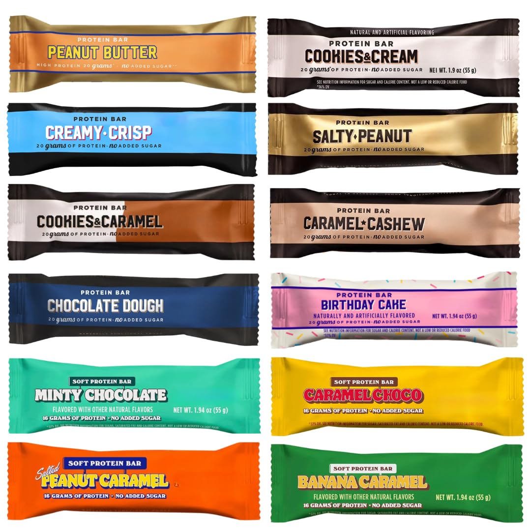 Generic BarebeIIs protein bar variety pack packshot, showcasing on-the-go high-protein snacks.