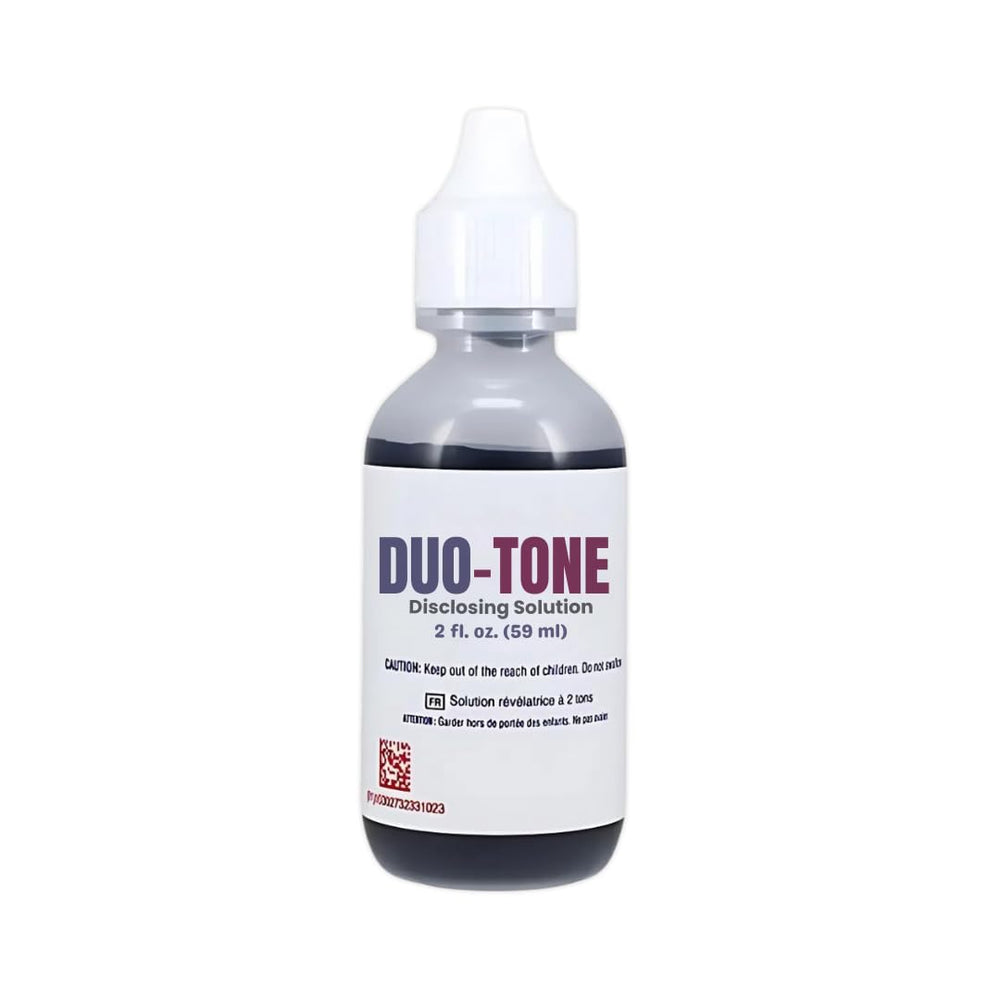 Two-tone disclosing solution in a 2 oz bottle with Tutti Frutti flavor