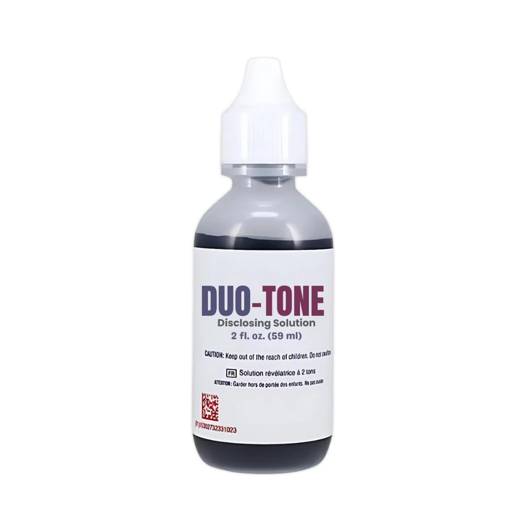 Two-tone disclosing solution in a 2 oz bottle with Tutti Frutti flavor