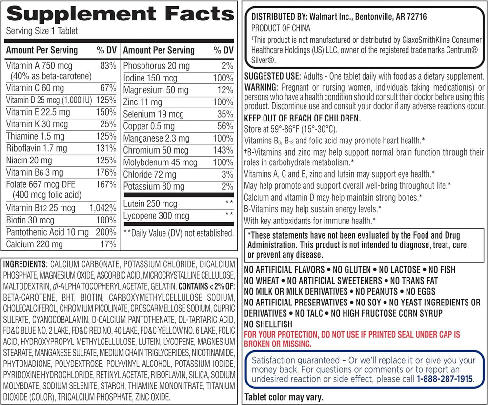 Packaging for Generic Equate 50+ One Daily Multivitamin 400-count