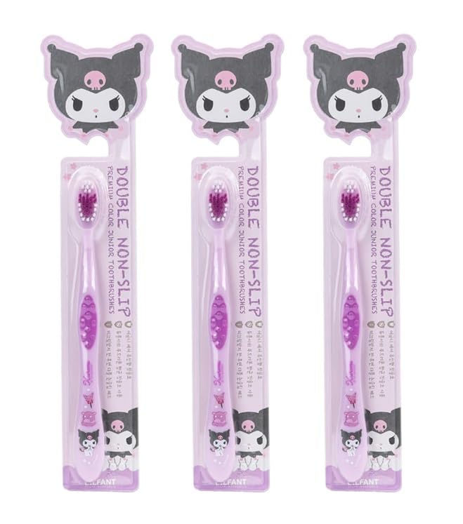 Front view of generic individually packaged cute toothbrush set in purple with compact head