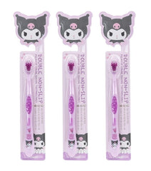 Front view of generic individually packaged cute toothbrush set in purple with compact head